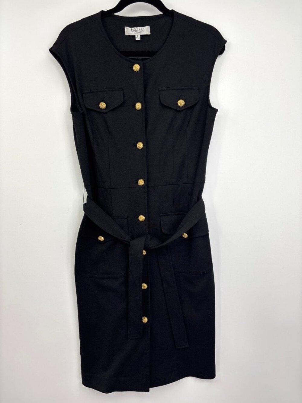 Kasper Separates Sleeveless Gold Button Front Belted Dress Black Size 6